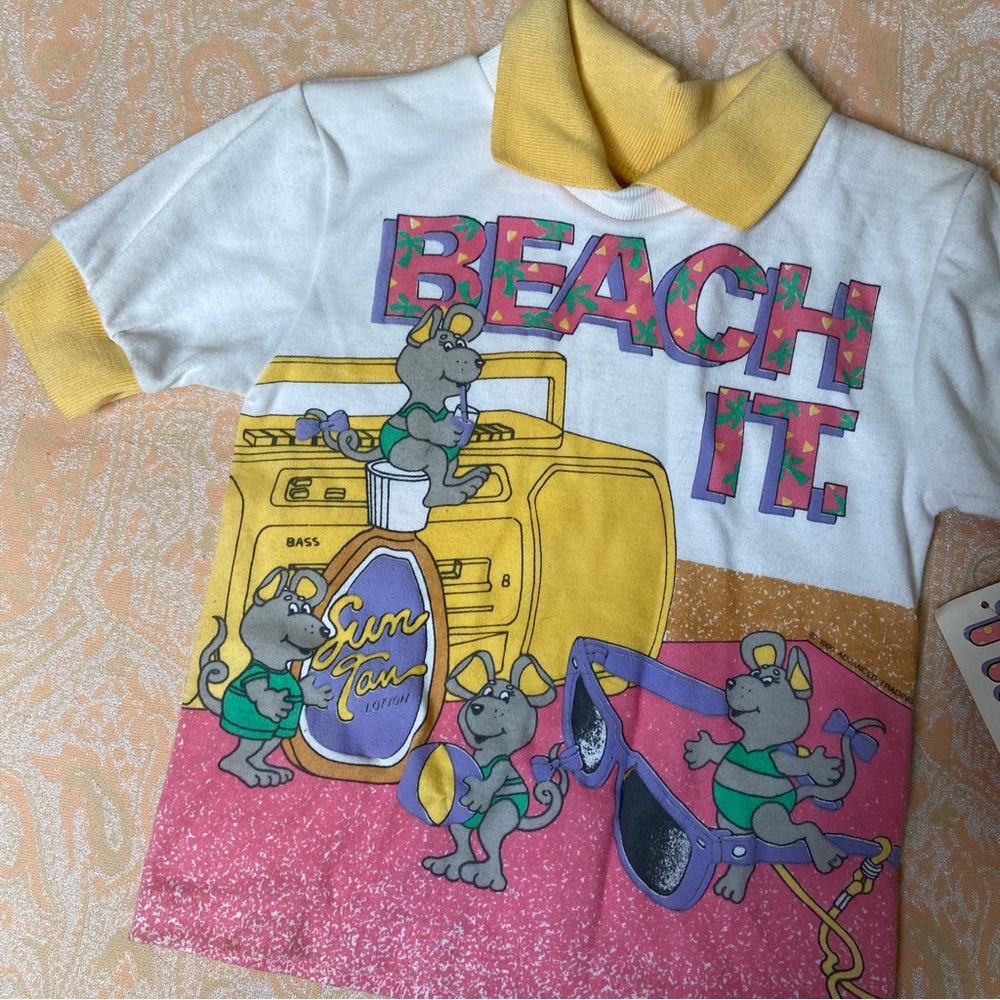Vintage 1990 Kids collared shirt Mice beach scene boombox sunglasses - Picture 7 of 10